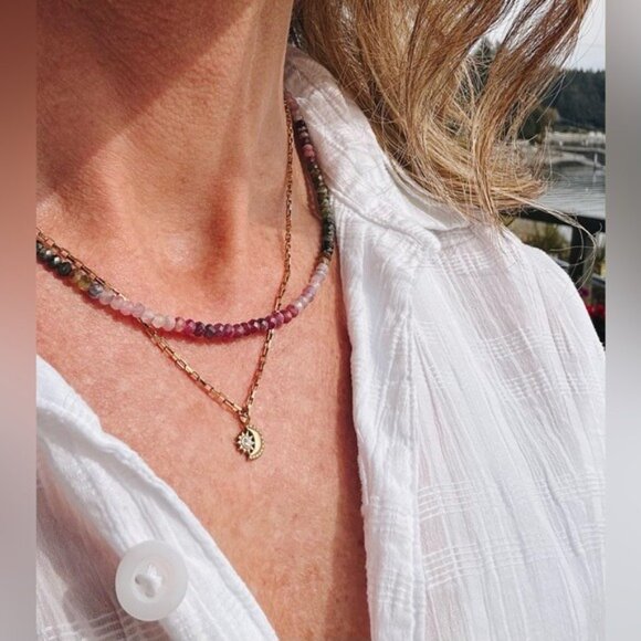 Beaded Necklace Watermelon Tourmaline Ombre Gemstone Jewelry October Birthstone - Picture 10 of 16